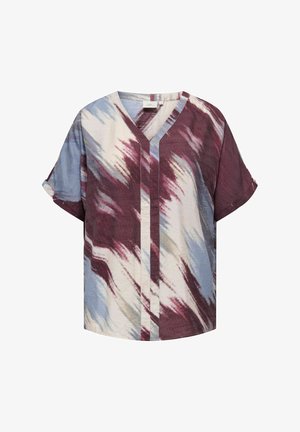 Kortärmad blus i ett lätt material, med V-ringning och ett flerfärgat abstrakt mönster i vinröda, blå och gräddiga toner.