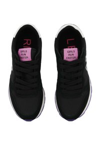 Black athletic shoes with synthetic uppers, lace-up design, pink and white accents, and "GIRLS RUN FASTER" text on the tongue.