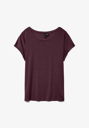 Tumši sarkans īsām piedurknēm T-krekls ar apaļu kakla izgriezumu, izgatavots no mīkstas auduma ar gludu tekstūru. Iezīmē atvieglinātu piegriezumu un minimālu šuvju detaļu.