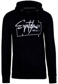 Schwarzer Kapuzenpullover mit einer vorderen Kängurutasche, weißem Grafikdruck "Spitzbub EST. 2017", Kordelzügen sowie gerippten Bündchen und Saum.