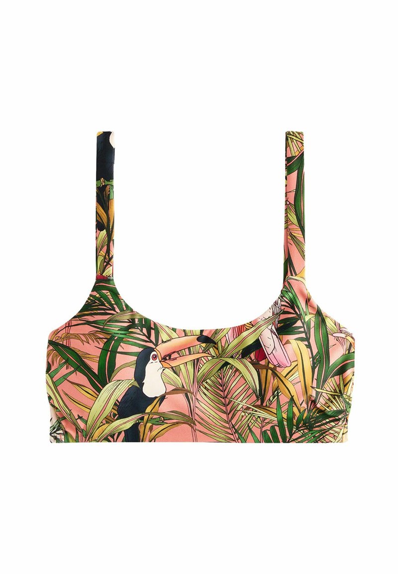 Bikini-Oberteil mit tropischem Print, das lebendige pinke und grüne Blattmuster sowie Tukane zeigt; elastische Träger und weicher Stoff für Komfort.