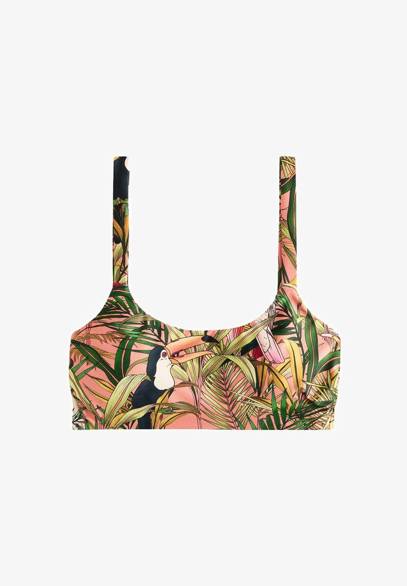 Tropinių raštų bikinio viršus, puikiai derantis su ryškiai žaliais lapais ir tukano motyvais; elastingos juostos ir minkšta medžiaga suteikia komfortą.