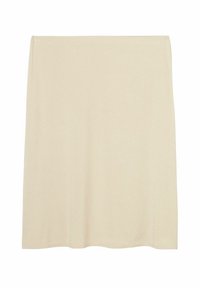 Ljus beige knälång kjol gjord av mjukt, slitstarkt tyg med en enkel, rak design och utan synliga mönster eller utsmyckningar.