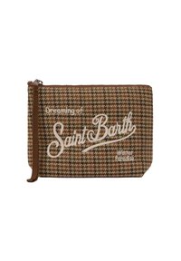 Busta con zip a motivo houndstooth marrone e beige con tracolla e testo bianco che dice "Sognando il paradiso invernale di Saint Barth."