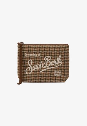 Busta con zip a motivo houndstooth marrone e beige con tracolla e testo bianco che dice "Sognando il paradiso invernale di Saint Barth."