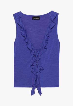 Purple sleeveless top with a deep V-neck, featuring ruffled accents along the neckline and a tie detail at the center front.