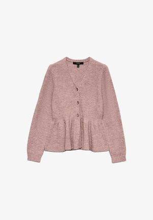 Lyserød, ribbet cardigan med V-hals, syv knapper foran, lange ærmer og peplum-nederdel. Blød tekstur med en afslappet pasform.