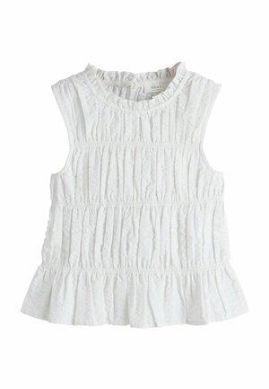 Balta be rankovių palaidinė su tekstūruota, surinkta medžiaga ir raukšlėtais apačia. Turi apvalią iškirptę ir elastingą juosmens detalę.