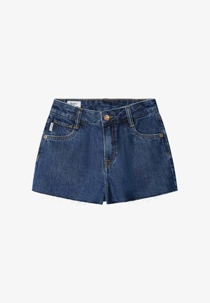 Shorts in denim blu con bottone frontale, passanti per cintura, cinque tasche e orlo grezzo sfrangiato.