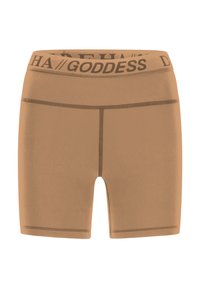 Pantalones cortos deportivos marrones hechos de tela lisa, con una amplia cinturilla de marca y detalles de costuras en contraste.