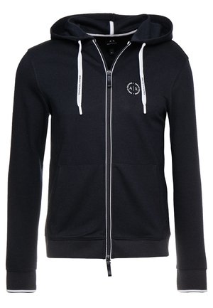 Schwarzer Kapuzenpullover mit Reißverschluss, weißen Kordeln und kleinem rundem Armani Exchange-Logo auf der linken Brust.