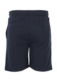 Marinblå sportshorts med elastiskt midjeband, två bakfickor och ett mjukt, texturerat tyg. Öppen ben-design för komfort.