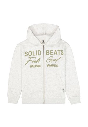 Lichtgrijze zip-up hoodie gemaakt van zachte stof, met voorzakken en groene tekst: "SOLID BEATS Feels Good MUSIC WAVES."