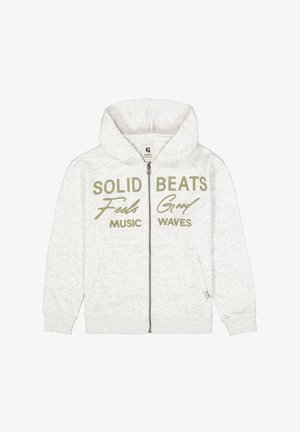 Sweat à capuche gris clair à fermeture éclair, en tissu doux, avec poches avant et texte en vert : "SOLID BEATS Feels Good MUSIC WAVES."