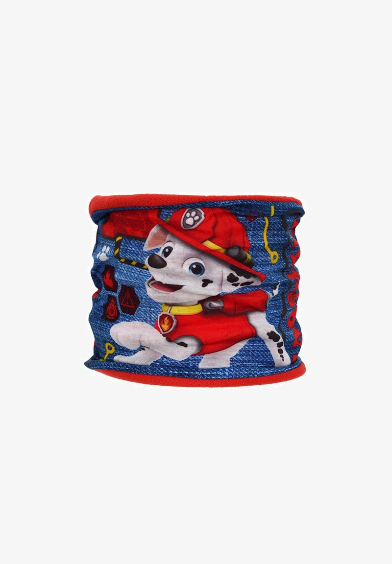 Blauwe stof nekbuis met rode accenten, versierd met een cartoonhond in een brandweermanoutfit, gedetailleerd met vlamsymbolen en speelse graphics.