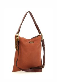 Borsa a spalla in pelle marrone con una superficie liscia, tracolla regolabile, dettagli in metallo dorato e un sottile etichetta del marchio.