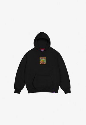 Black hoodie with a front pocket, featuring a colorful square graphic design in the center. Made of soft fabric with ribbed cuffs.