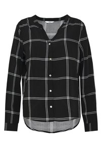 Chemise noire à boutons en tissu doux, présentant un motif à carreaux blancs, des manches longues, un col en V et un ourlet arrondi.