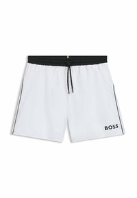 Fehér fürdőnadrág könnyű anyagból; elasztikus derékrész fekete húzózsinórral; oldalzsebek; fekete logóval és oldalsávokkal díszítve.