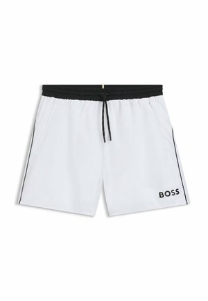 Șorturi de baie albe din material ușor; talie elastică cu șnur negru; buzunare laterale; prezintă un logo negru și dungi laterale.
