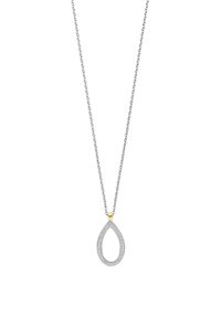 Silberkette mit einem Tropfenanhänger, der goldene Akzente und einen dekorativen Rand aus kleinen klaren Steinen aufweist.