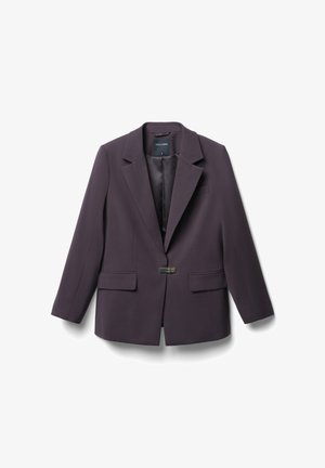 Dark purple blazer with a single front button closure, two external pockets, and notched lapels. Smooth, structured fabric with a tailored fit.