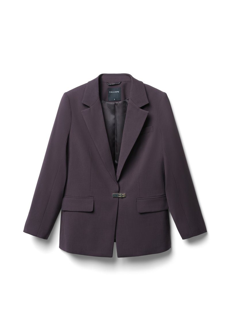 Dunkelpurpurfarbenes Blazer mit einem einzigen Knopfverschluss vorne, zwei äußeren Taschen und Revers. Glattes, strukturiertes Gewebe mit tailliertem Schnitt.