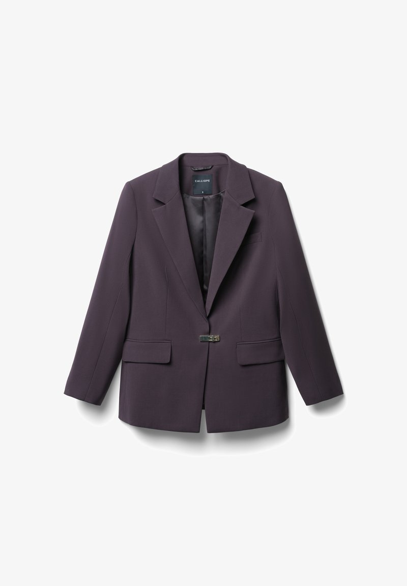 Dunkelpurpurfarbenes Blazer mit einem einzigen Knopfverschluss vorne, zwei äußeren Taschen und Revers. Glattes, strukturiertes Gewebe mit tailliertem Schnitt.