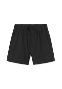 Shorts de bain noirs avec une taille élastique, un cordon de serrage et des rayures verticales subtiles. Fabriqués en tissu léger et texturé.