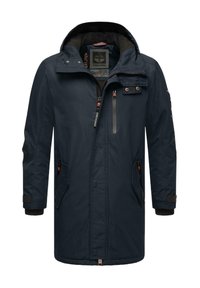 Parka imperméable bleu marine avec fermeture éclair et pression, plusieurs poches, poignets ajustables et intérieur en polaire.