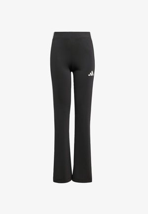 Crne sportske hlače od rastezljivog materijala s flared dizajnom, s malim bijelim logotipom na stražnjoj strani. Glatka tekstura kroz cijeli materijal.
