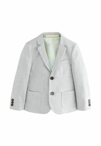 Blazer grigio chiaro realizzato in tessuto strutturato. Presenta due tasche frontali, una chiusura a tre bottoni e un rivestimento a verde chiaro a fantasia.