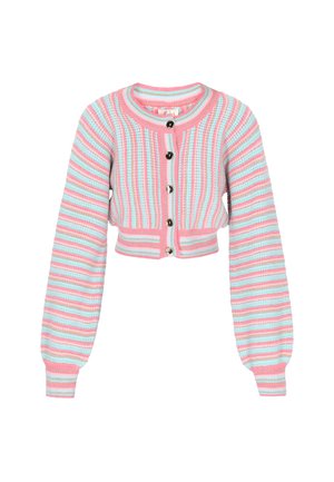 Hæklede cardigan med lange ærmer, cropped design, stribet mønster i lyserød og lyseblå, med sorte knapper ned langs fronten.
