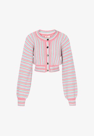 Pika õhuke kudumisjakk, millel on pikad varrukad, lühendatud disain, roosa ja helesinise triibuline muster, mustade nööpidega esiosas.