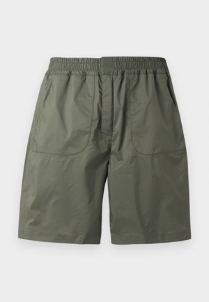 Shorts verts légers en tissu lisse. Comprend une taille élastique, deux poches latérales et une coupe décontractée avec des coutures nettes.
