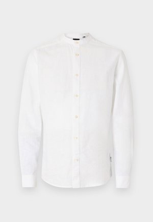 White long-sleeve shirt with a band collar, button-down front, and a textured fabric. Features a straight cut and button cuffs.