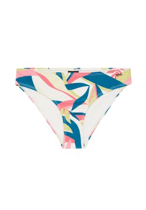 Wielokolorowe majtki bikini z abstrakcyjnymi wzorami w odcieniach różu, niebieskiego i zielonego na białym tle. Gładki materiał z elastycznym pasem.