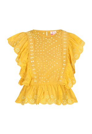 Žuta bluzica s valovitim rubom, izrezanim uzorcima i naboranim rukavima. Izrađena od lagane tkanine s teksturiranim završetkom.