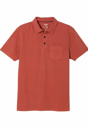 Lyhythihainen polotrikaatti polttavan oranssina, jossa kaulus, kolme mustaa nappia ja yksi rintatasku.