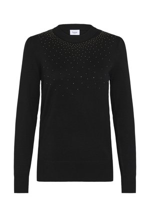 Pull en maille noir avec un col rond, des manches longues et un design texturé présentant des embellissements dorés près du col.