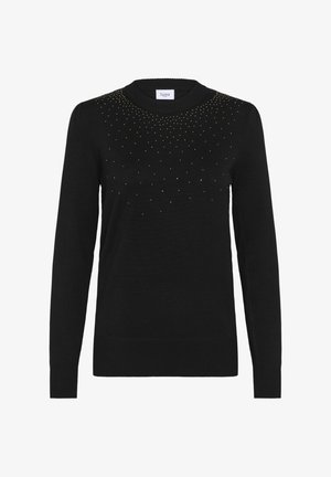 Melnā adīta džemperis ar apaļu izgriezumu, garām piedurknēm un teksturētu dizainu, kas rotāts ar zelta toņu rotājumiem ap kaklu.