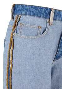 Blue denim jeans featuring a contrast blue waistband and a textured brown trim along the side seam. Classic five-pocket design.