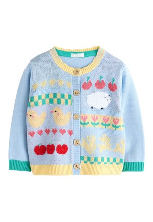 Jasnoniebieski dziecięcy kardigan z dzierganymi kaczkami, owcami, jabłkami, sercami, tulipanami oraz żółto-zielonym wzorem w kratkę, drewniane guziki.