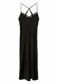 Zwarte slipdress met kantafwerking, verstelbare spaghettibandjes, een rechte silhouet en een zachte, gladde textuur.