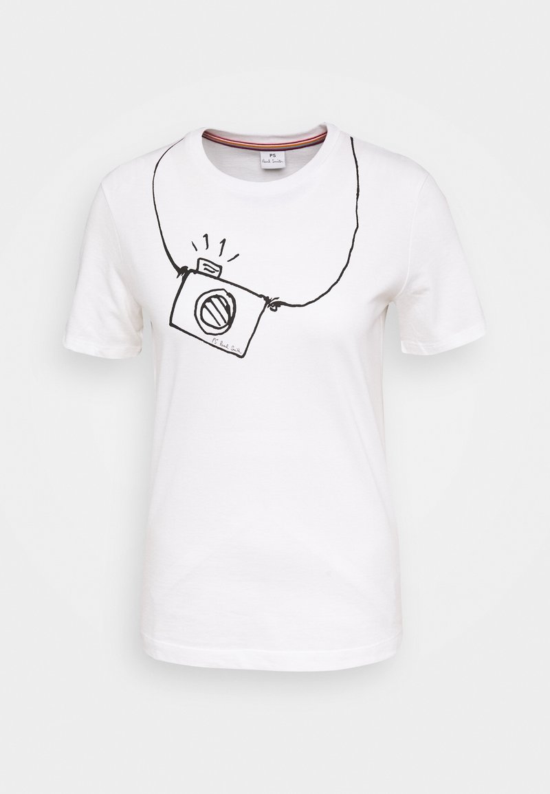 Camiseta de algodón blanca con un dibujo en línea negra de una cámara con una correa. Manga corta y cuello redondo.
