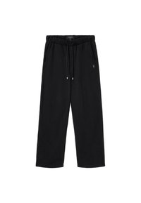 Czarne spodnie dresowe wykonane z miękkiego materiału, z elastycznym paskiem w talii i sznurkiem, bocznymi kieszeniami oraz małym detalem z logo.