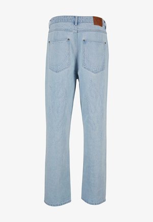 Jeans in denim azzurro chiaro con ricami a forma di fiamma in filo chiaro sul retro. Presentano due tasche posteriori e un'etichetta in pelle in vita.