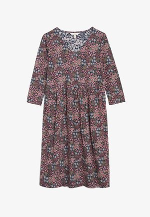 Jurk met lange mouwen tot op de knie en V-hals, met een dicht bloemenpatroon in roze, blauw en groen op een donkere achtergrond.