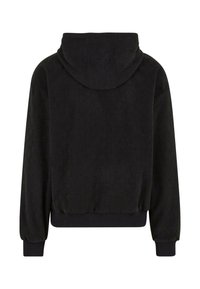 Sweat-shirt à capuche noir avec un motif texturé et côtelé. Comprend des manches longues, une coupe décontractée, et des poignets et un ourlet élastiques.