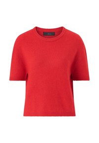 Rød kortærmet sweater lavet af et blødt strikket stof. Har en rund halsudskæring og ribkant i nederste del og ærmer. Simpelt, udekoreret design.